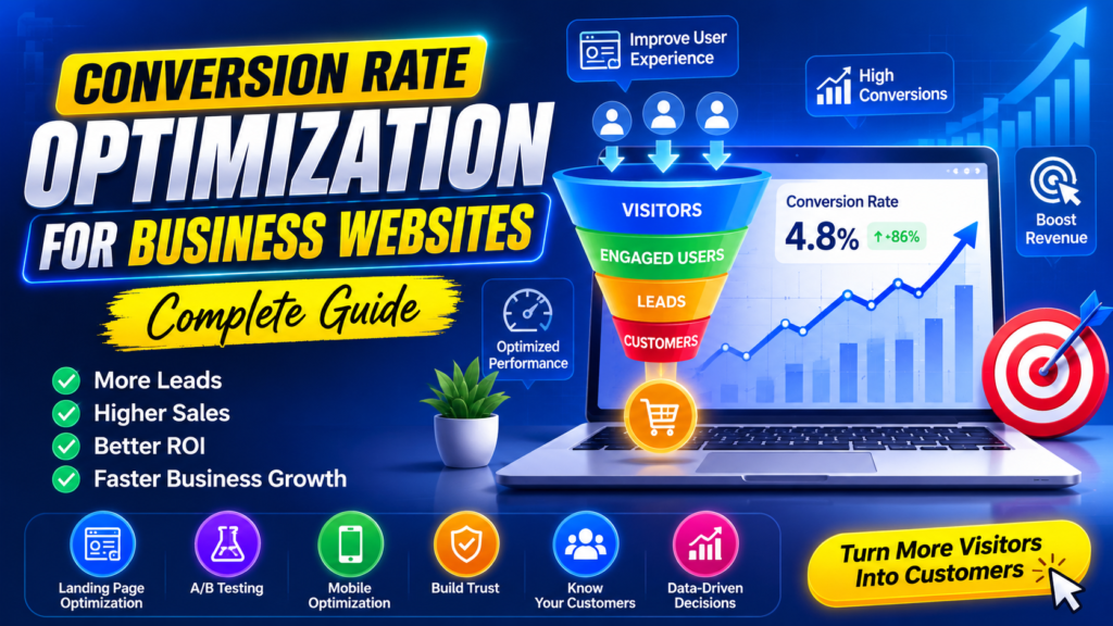 Conversion rate optimization for business websites thumbnail featuring a website conversion funnel, analytics dashboard, A/B testing, mobile optimization, and growth-focused business metrics.