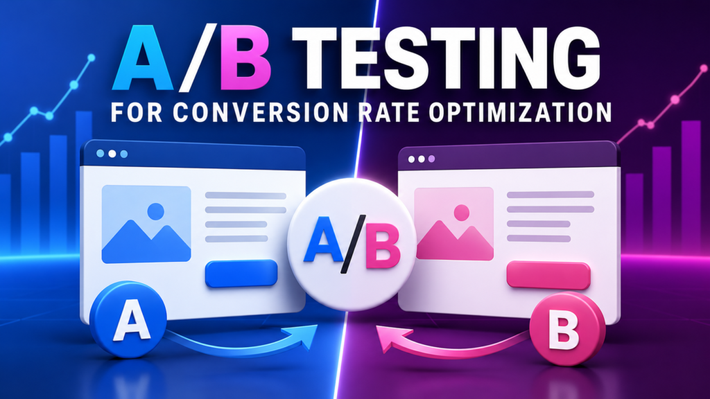 A/B testing concept showing two website versions, labeled A and B, being compared for conversion rate optimization with analytics and growth visuals. ([optimizely.com][1])  [1]: https://www.optimizely.com/optimization-glossary/ab-testing?utm_source=chatgpt.com "A/B testing" 