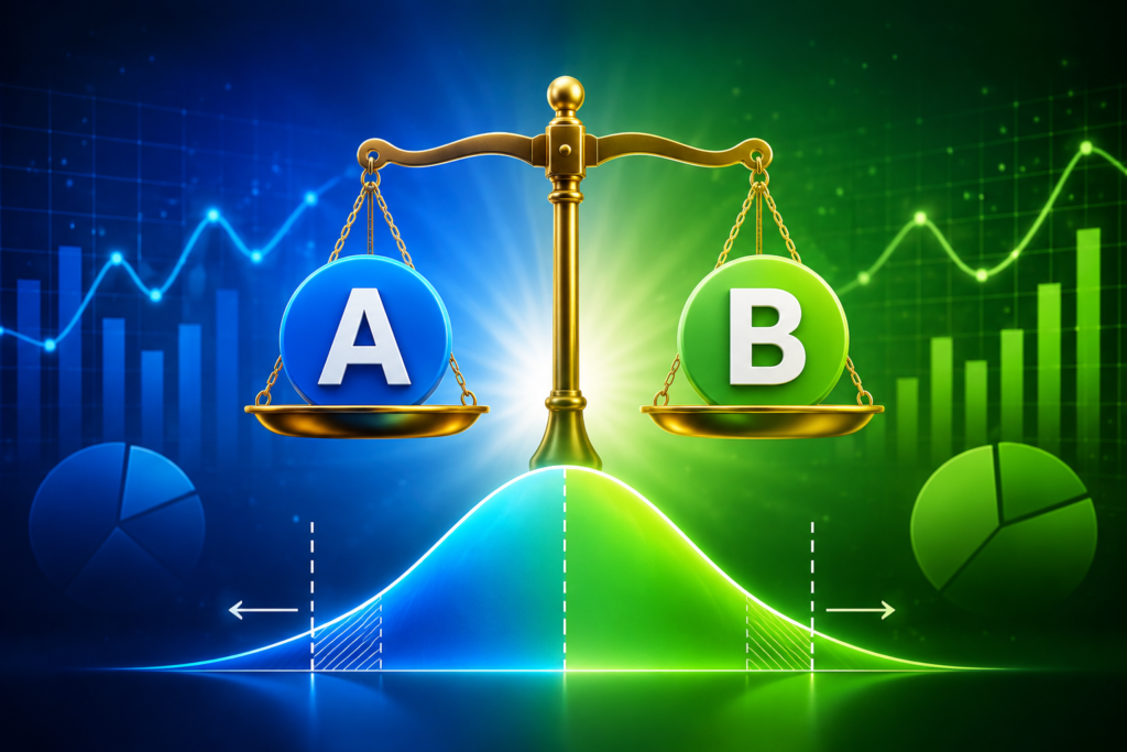 Statistical significance in A/B testing illustrated with a balanced A/B scale, data charts, and a glowing statistical distribution curve. 