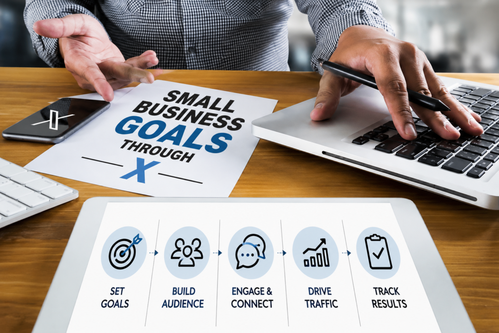 Small business goals through X planning concept showing a business professional using a laptop with “Small Business” notes and icons for planning, ideas, and teamwork. ([smartsheet.com][1])  [1]: https://www.smartsheet.com/content/small-business-goals-guide?utm_source=chatgpt.com "31 Small Business Goals - SMB Goal Setting Starter Kit" 