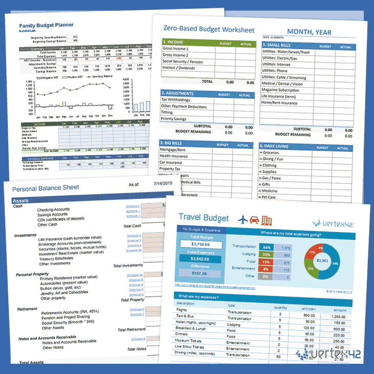 Best Free Budget Templates showing customizable worksheets for family budgeting, zero-based budgeting, personal finances, and travel expense planning. 