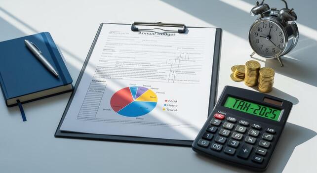 Annual business budgeting and financial planning concept featuring an annual budget report, calculator, coins, notebook, and clock representing expense tracking and financial deadlines.