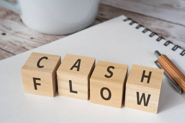 Cash Flow Management, represented by wooden blocks spelling โcash flowโ on a desk with financial planning materials.