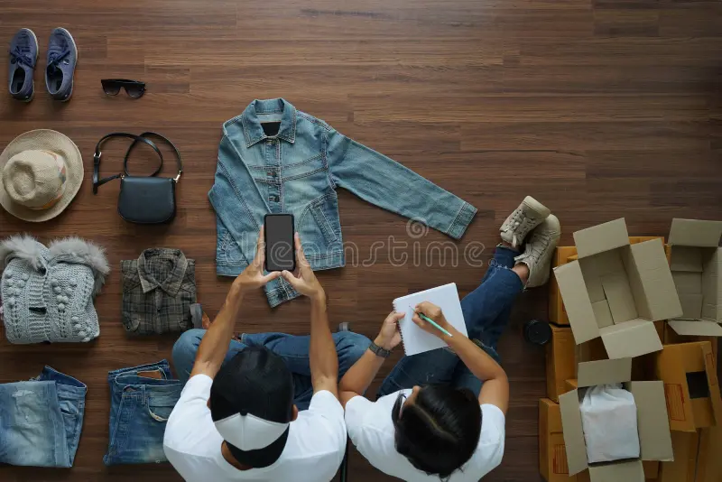 Small Online Business Ideas showing an online clothing business setup with products, smartphone shopping, packaging boxes, and product planning.