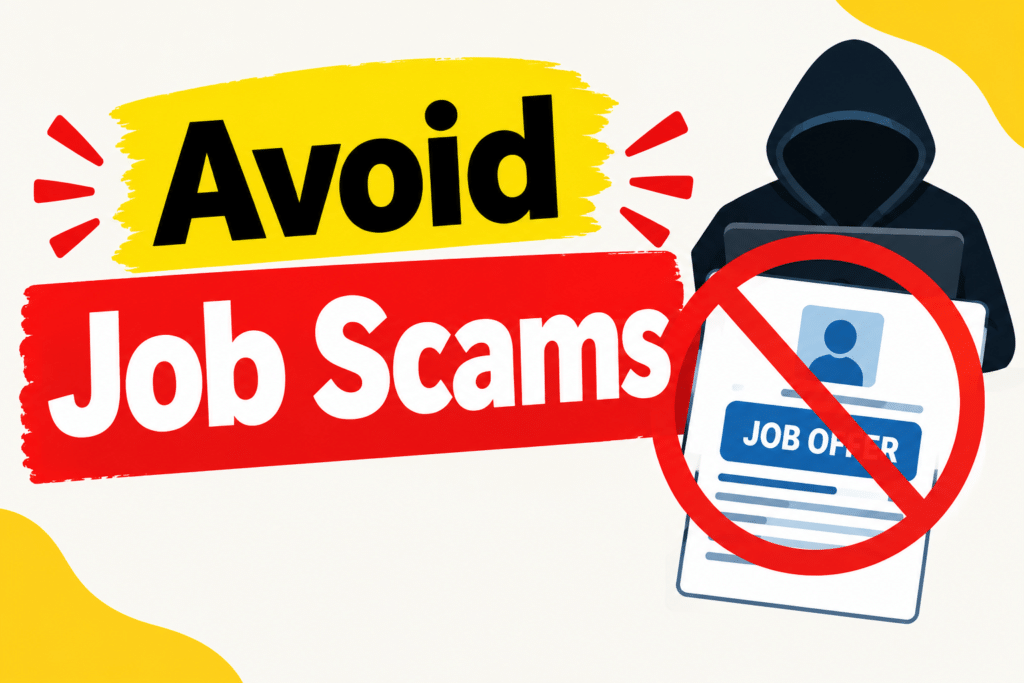 Avoid job scams warning graphic showing a hooded figure behind a laptop and a fake job offer crossed out with a red prohibition sign