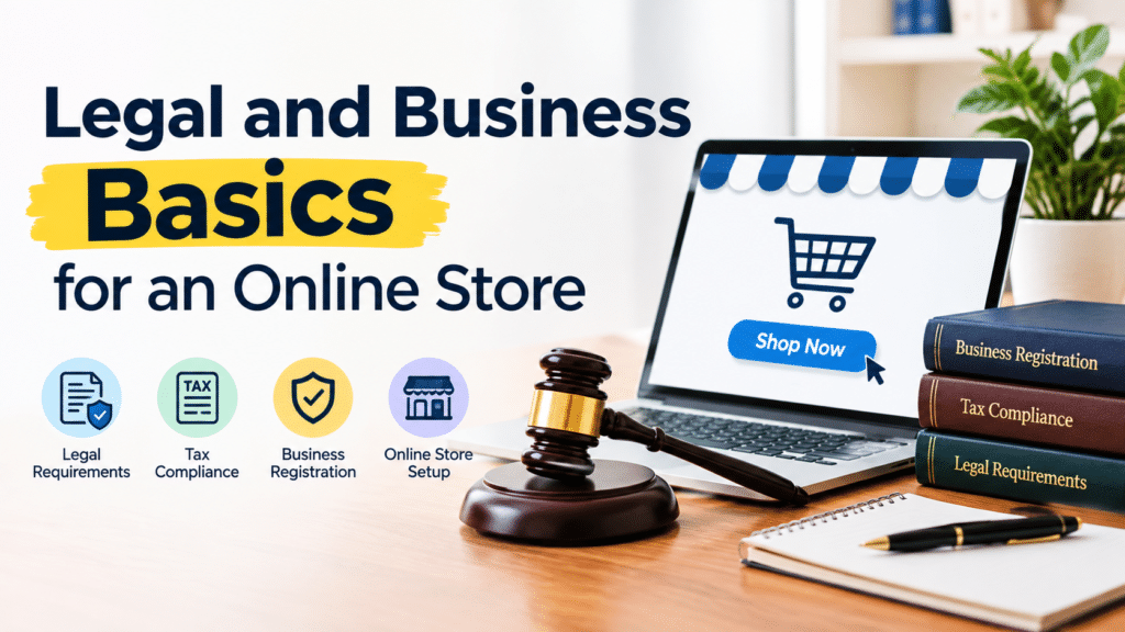 Desk scene with a laptop showing an online store "Shop Now" page, a judge's gavel, law books labeled Business Registration, Tax Compliance, and Legal Requirements, and icons for legal and business basics for an online store