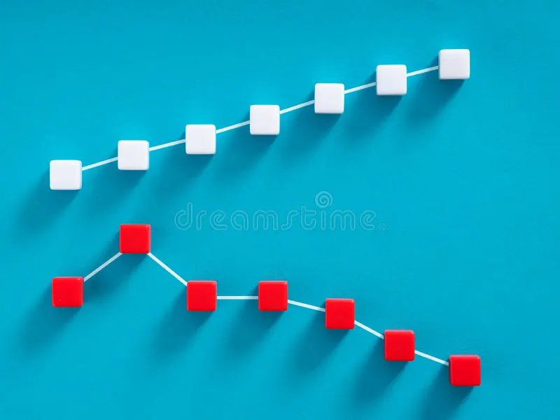 Business Structure Comparison showing contrasting upward and downward performance trends with white and red line graphs.