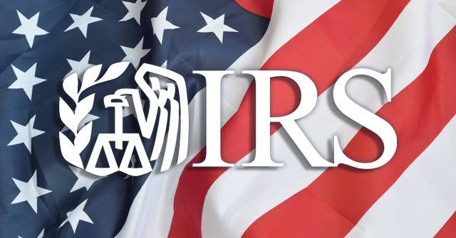 **Alt text:** Tax refund process with the IRS logo over a waving American flag